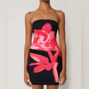 Chic Strapless Floral Dress - Black and Pink